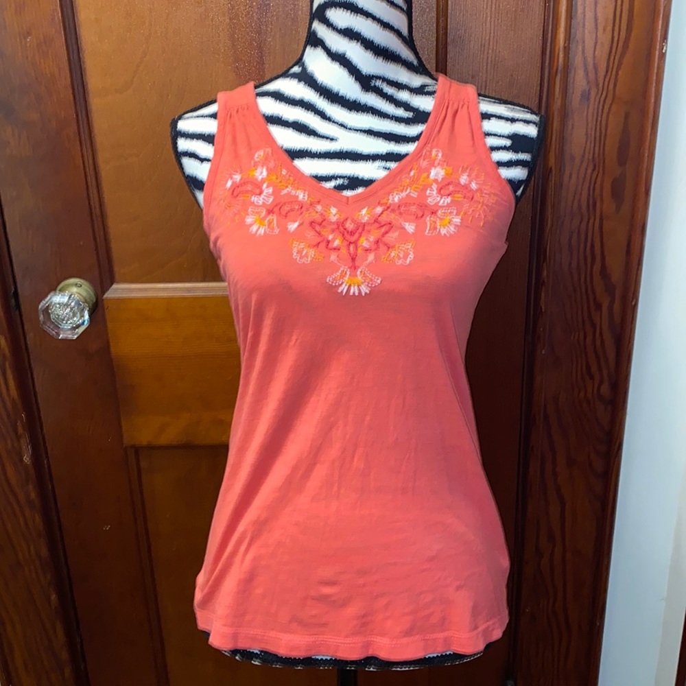 Athleta orange tank top, with red and white embroidery size extra small